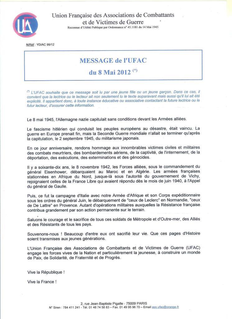 MESSAGE DE L’UFAC DU 8 MAI 2012