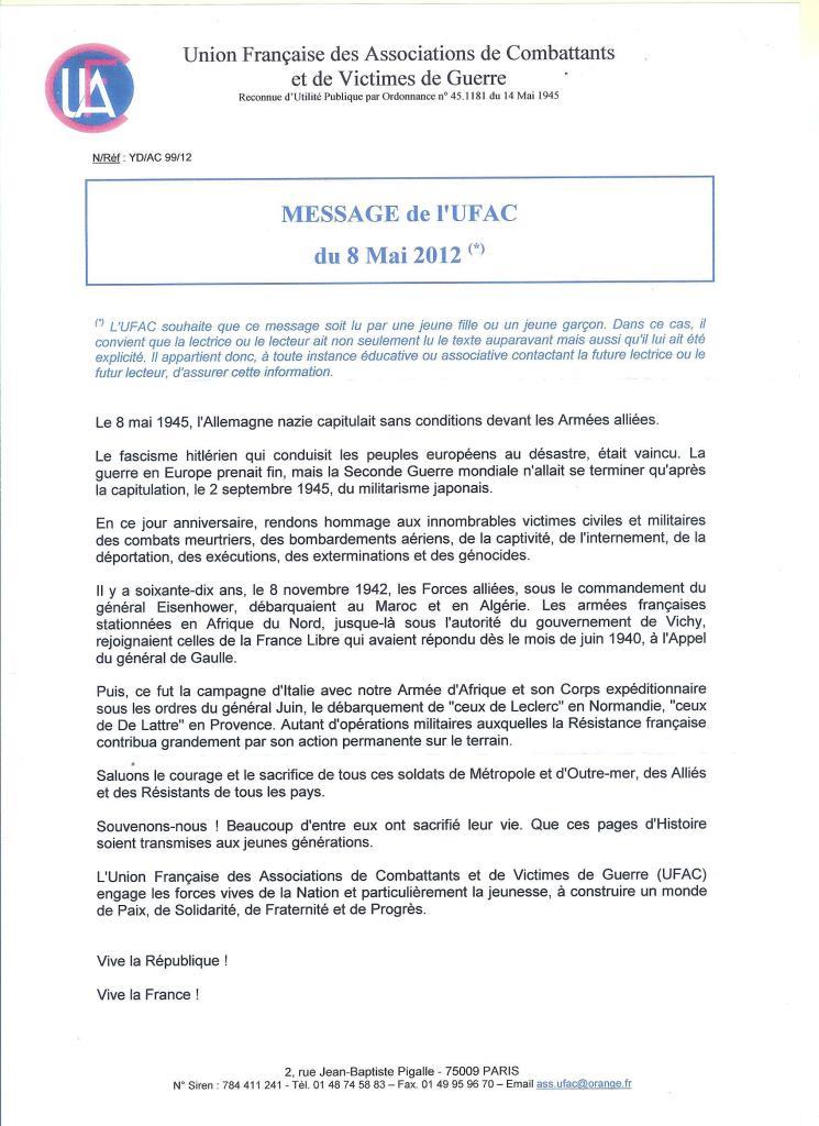 MESSAGE DE L’UFAC DU 8 MAI 2012